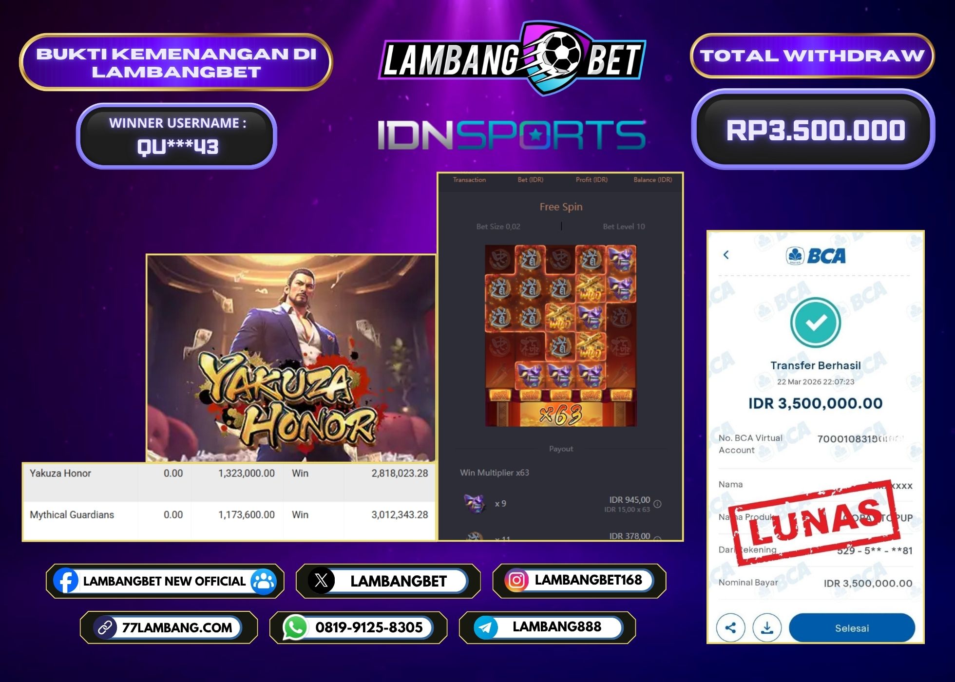 LAMBANGBET [22 MARET 2026] JACKPOT SLOT Yakuza Honor "Rp3.500.000" LUNAS